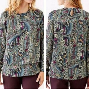 J.Jill Blue Black Purple Tapestry/Floral Tiered Boxy Blouse size Medium